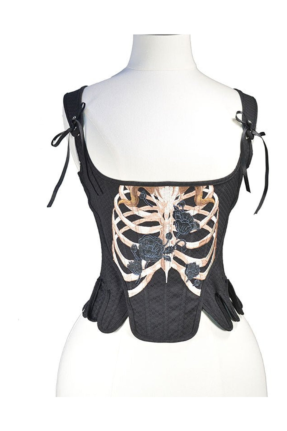 Gotik tarzda tasarlanmış, kuru kafa ve gül motifli crop üst.