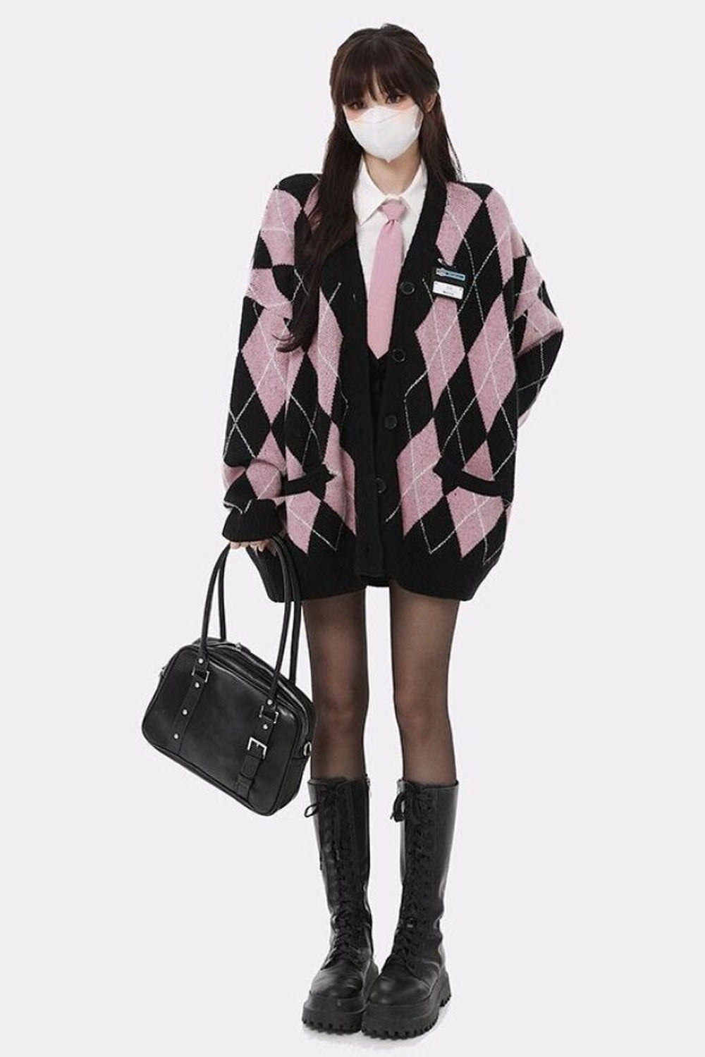 Sonbahar Pastel Goth Argyle Pembe Cardigan Kazak