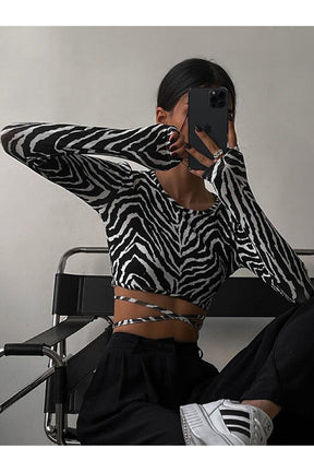 Sırt Açık Uzun Kollu Zebra Crop Top