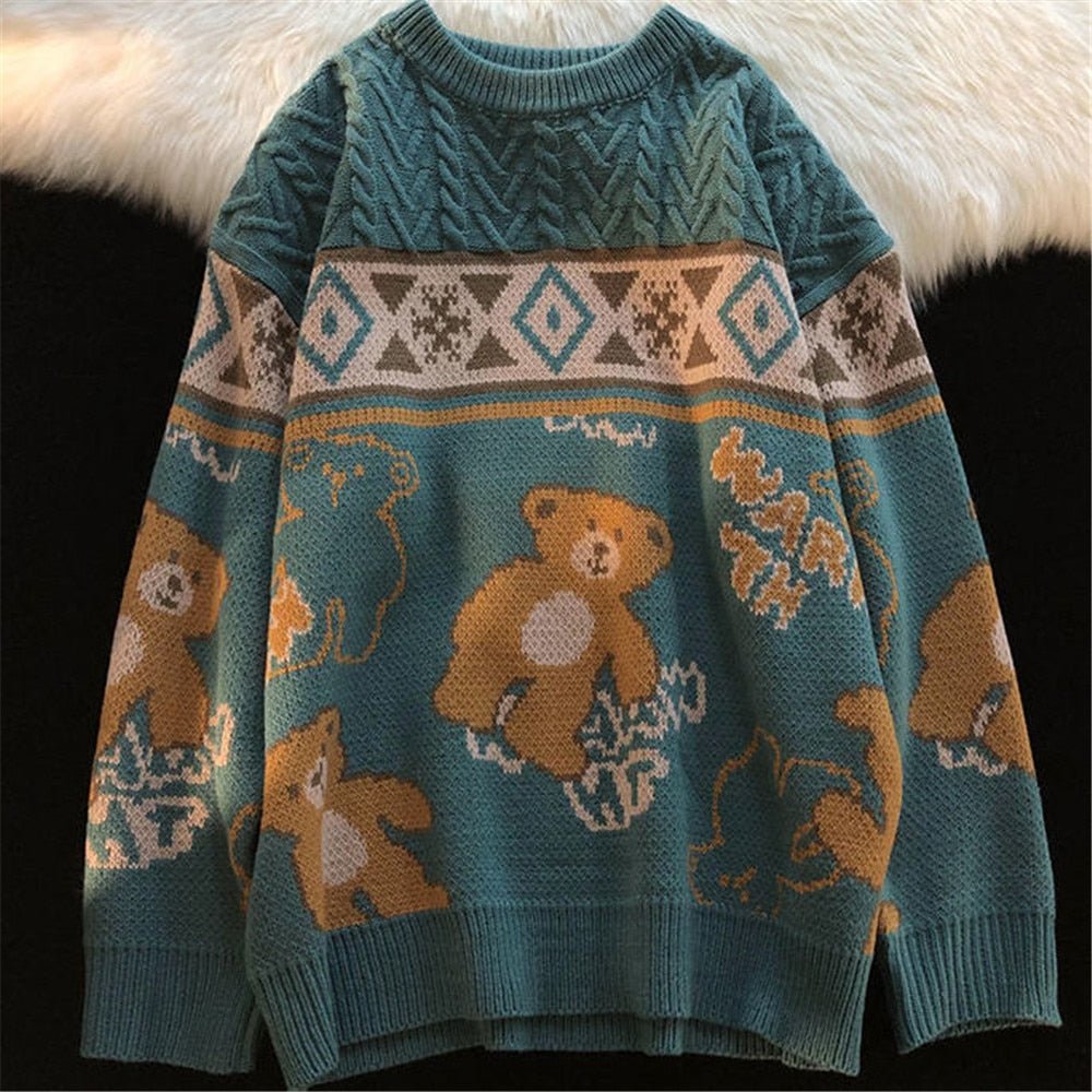 Sonbahar Sevimli Ayı Vintage Oversize örgü Kazak, rahat ve şık.