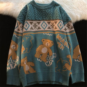 Sonbahar Sevimli Ayı Vintage Oversize örgü Kazak, rahat ve şık.