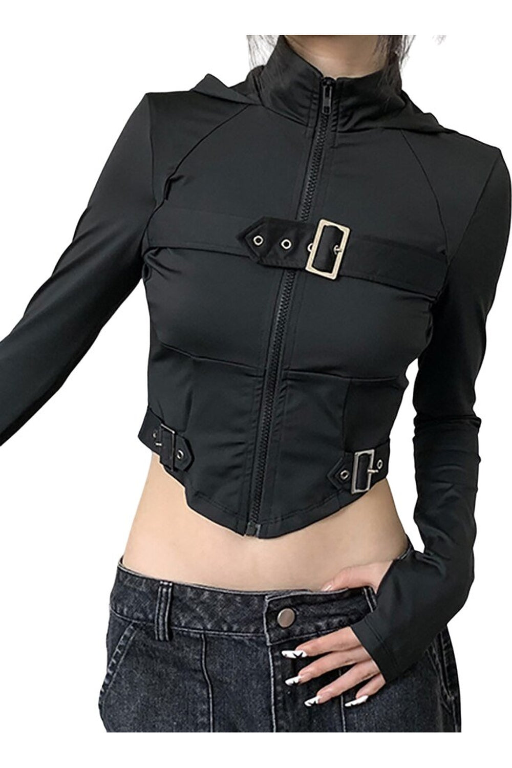 Sonbahar Siber Gotik Crop Hoodie, cesur ve şık bir tarza sahip.