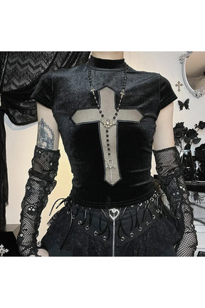 Karanlık haç desenli şeffaf gotik tişört, kadınlar için.
