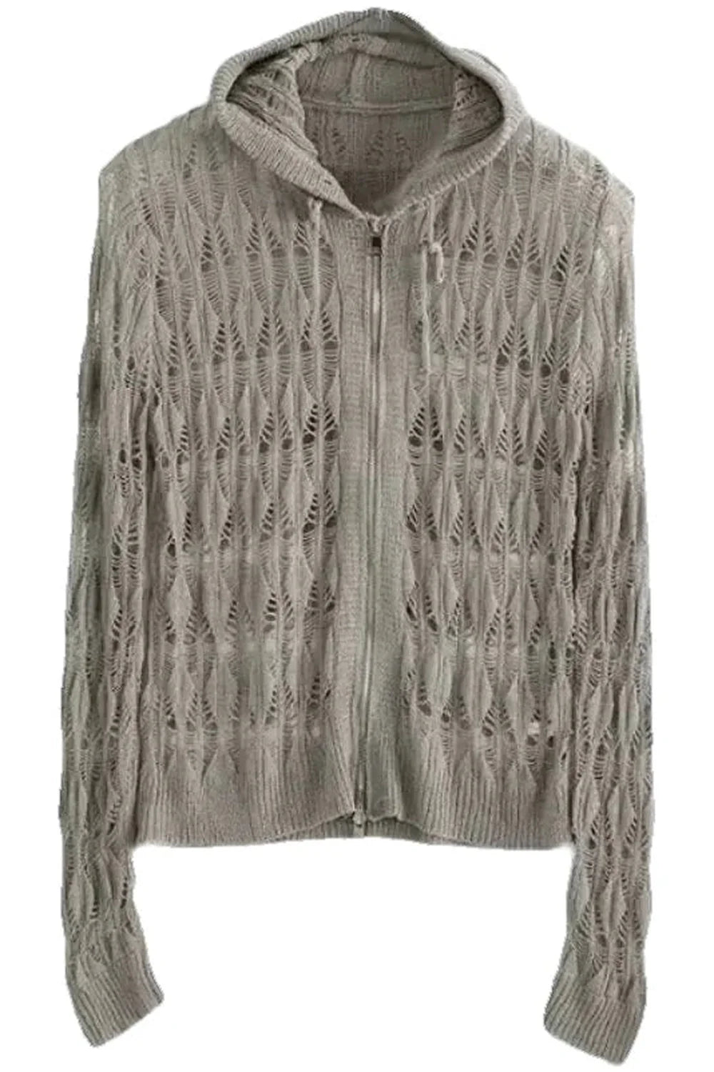 Yırtık Gri örgü Hoodie, sonbaharın rahat ve şık dokunuşu.
