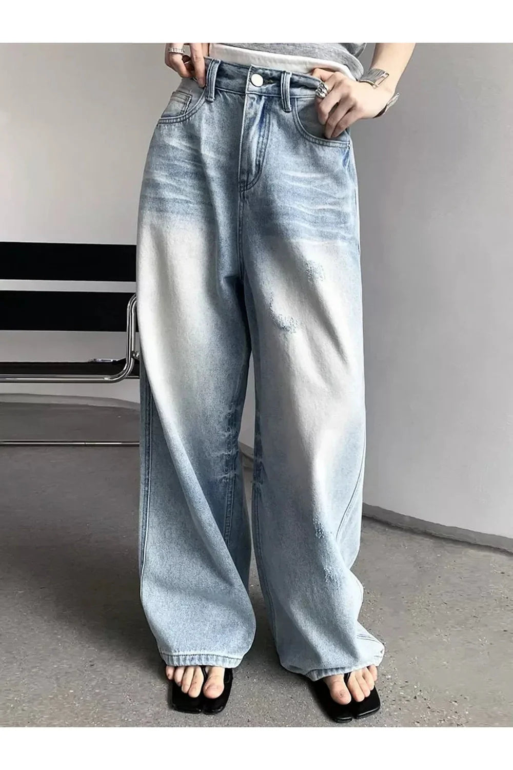 Yıpranmış Light-Wash Wide-Leg Jean