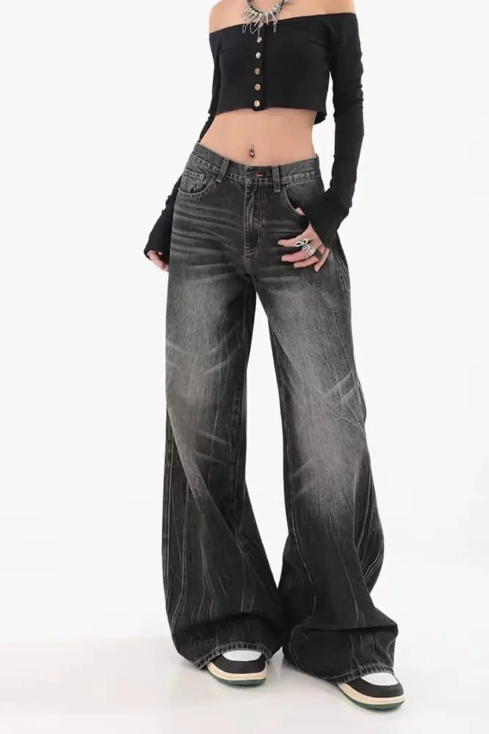 Sonbahar Yıpranmış Vintage Wide-Leg Jean