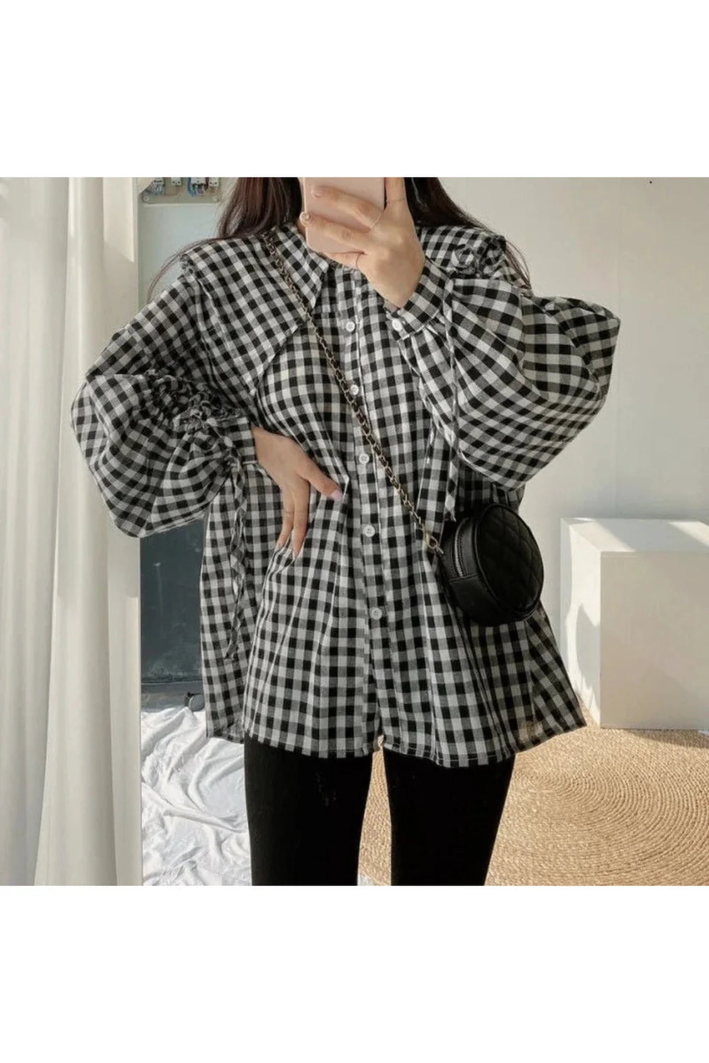 Gingham Charm Düğmeli Bluz