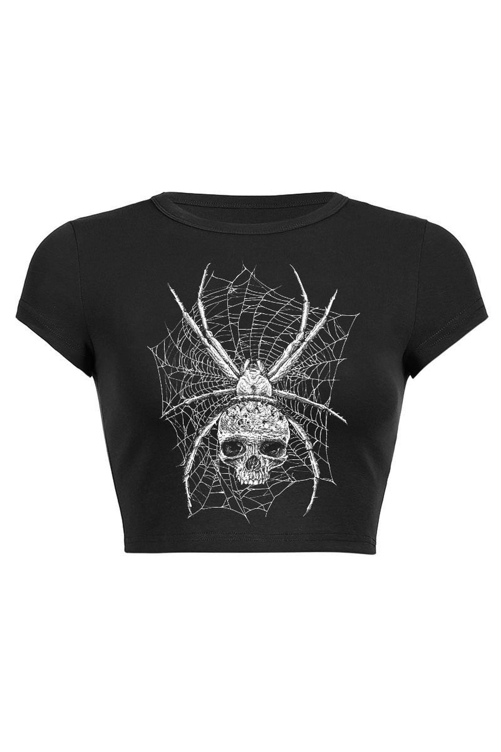 Gotik tarzda tasarlanmış, punk etkisi taşıyan kuru kafa baskılı crop üst.