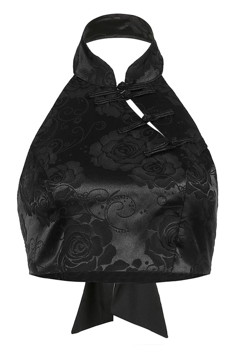 Gotik tarzı ve siyah renkte jakar desenli halter crop üst.