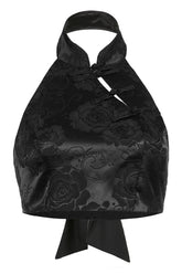 Gotik tarzı ve siyah renkte jakar desenli halter crop üst.