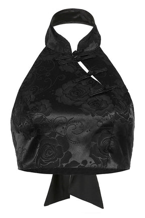 Gotik tarzı ve siyah renkte jakar desenli halter crop üst.