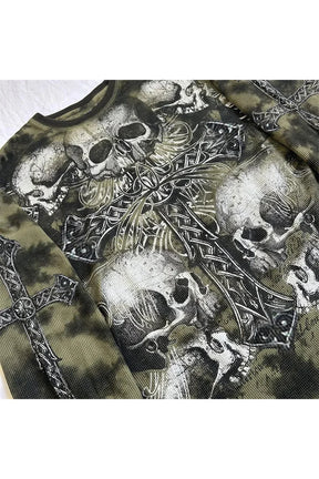 Gotik tarzda haç ve kuru kafa desenli uzun kollu.