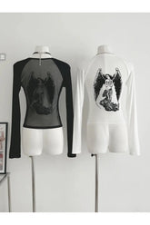 Gotik grafik desenli tül detaylı crop üst.