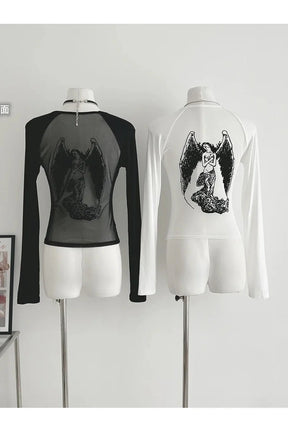 Gotik grafik desenli tül detaylı crop üst.