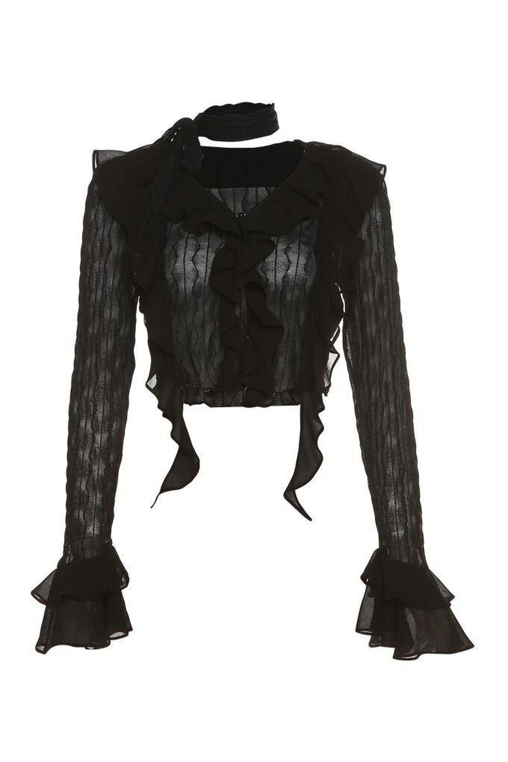 Gotik tarzı yansıtan dantel detaylı crop bluz.