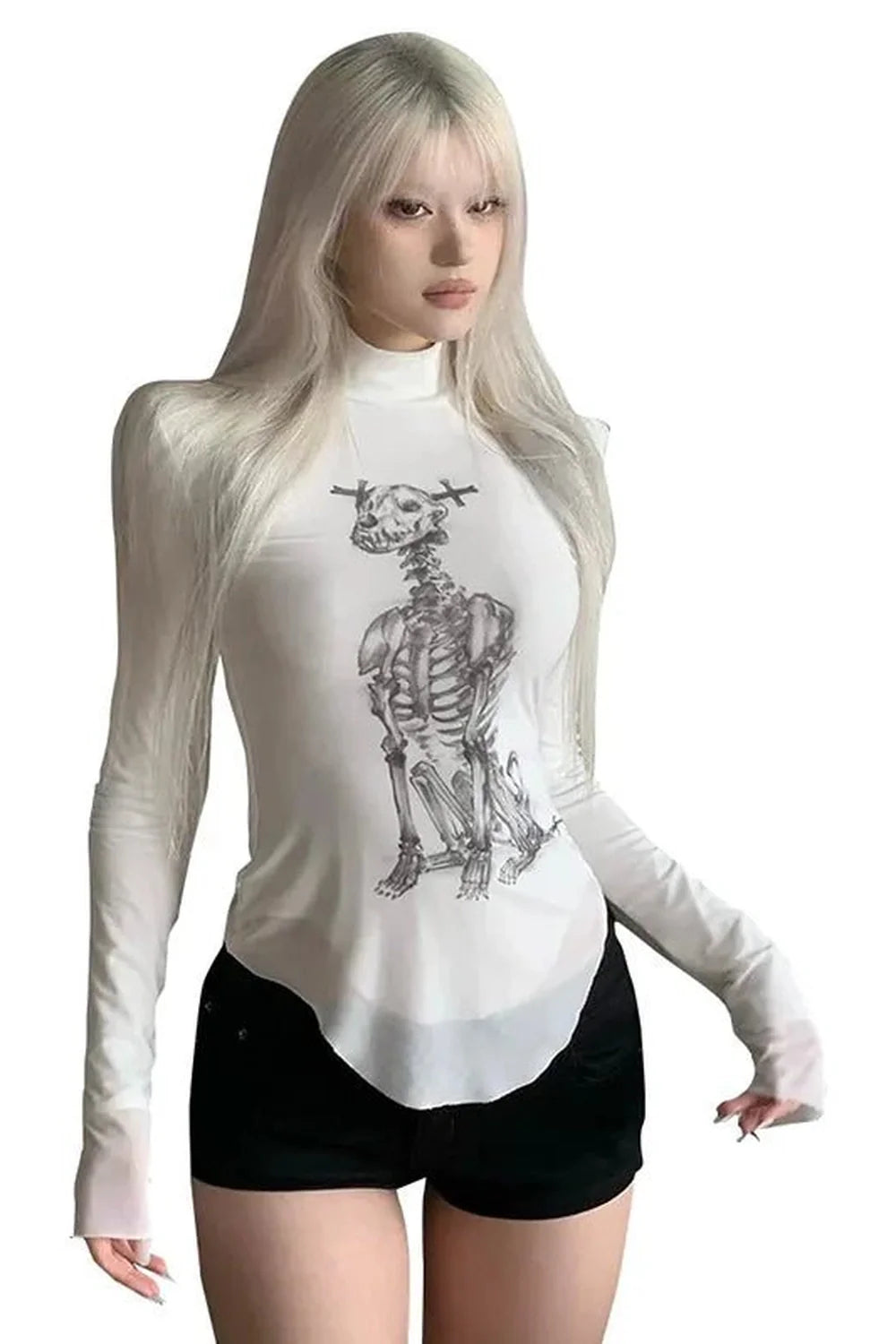 Gotik tarzda iskelet desenli balıkçı yaka üst.
