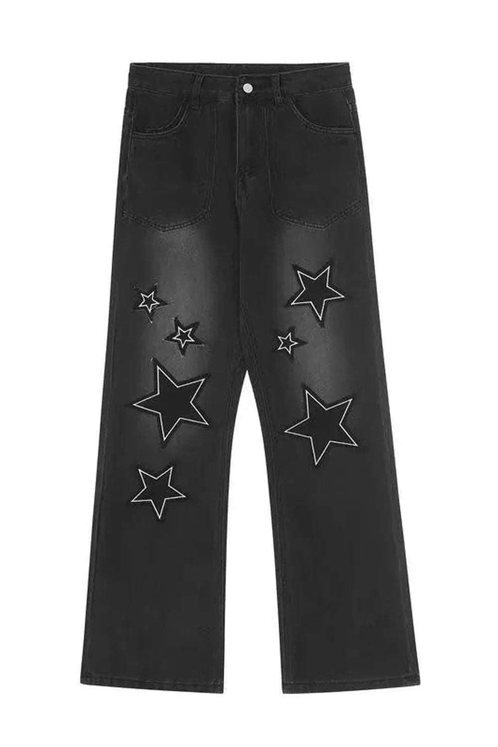 Sonbaharın doğal tonlarıyla yıldız işlemeli kot pantolon.