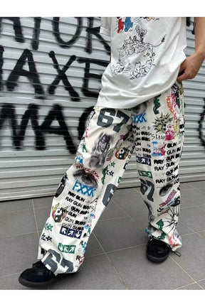 Graffiti Baskılı Geniş Paça Pantolonlar