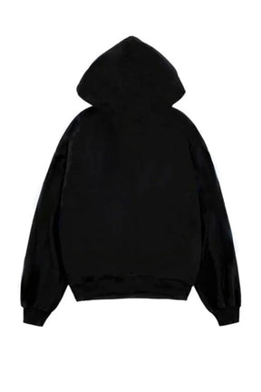 Grunge tarzında grafik desenli siyah hoodie sweatshirt.