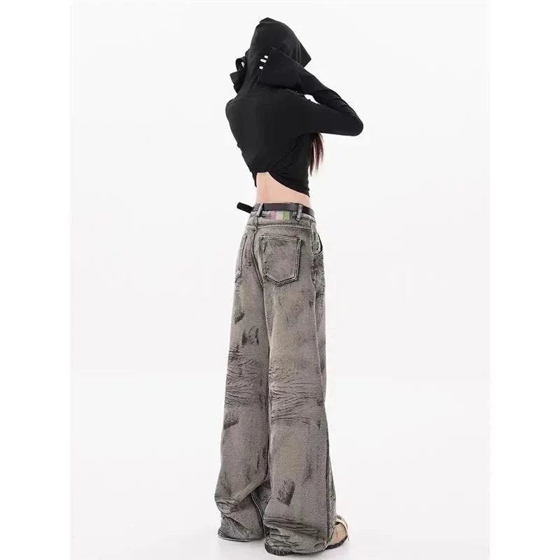 Grunge Splat Wide-Leg Kot Pantolon