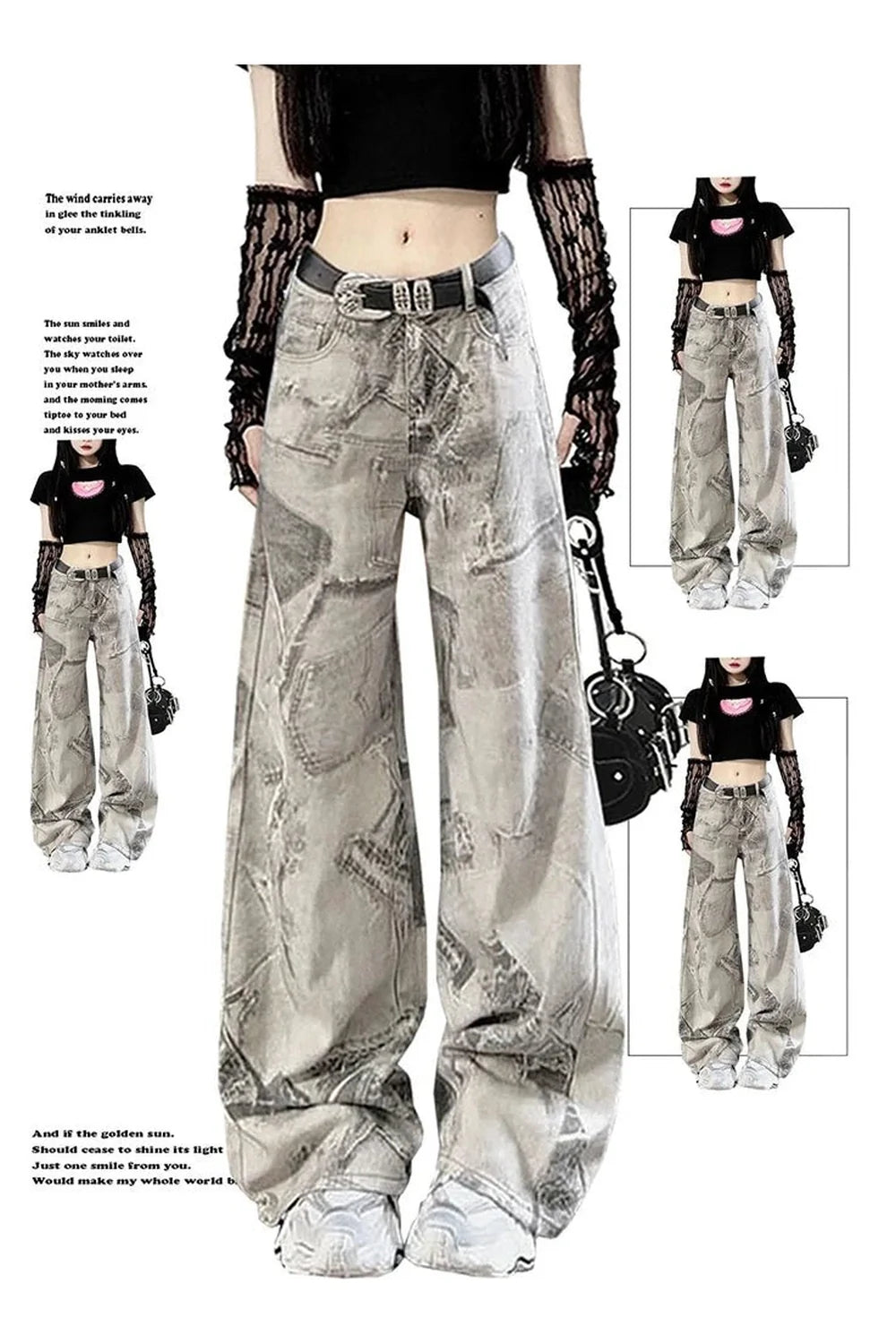 Grunge Yıkanmış Graffiti Wide-Leg Jean