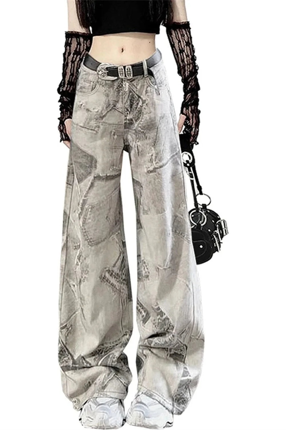 Grunge Yıkanmış Graffiti Wide-Leg Jean