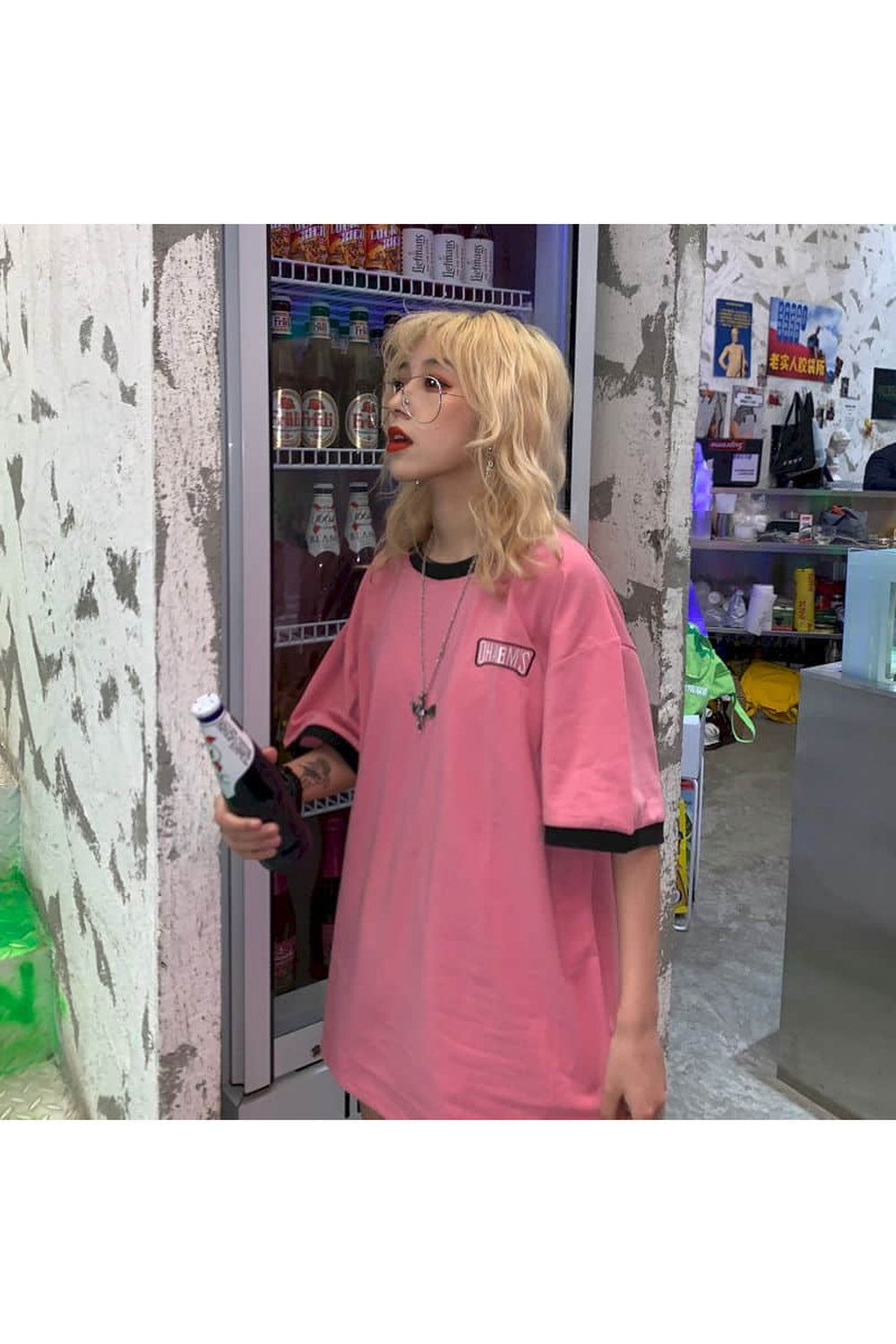 Harajuku Tarzı Pembe Tişört