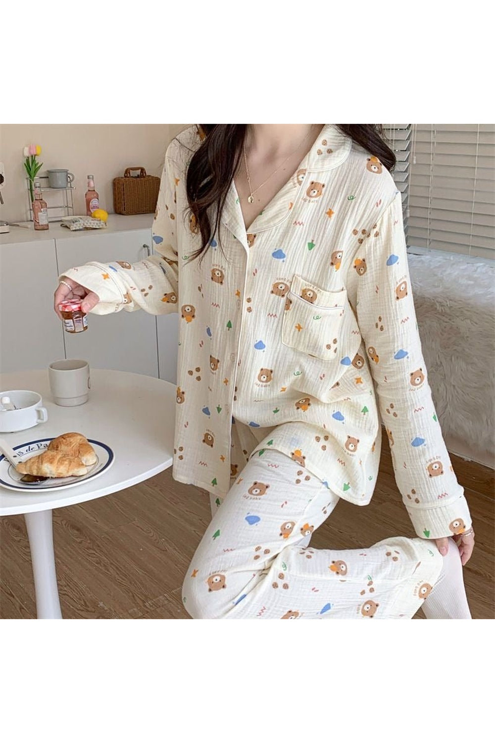 Uzun Kollu Ayı Baskılı Pijama