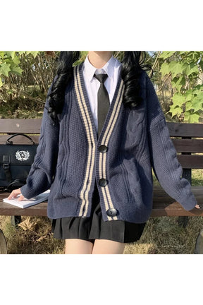 Sonbahar Lacivert Preppy Varsity Cardigan