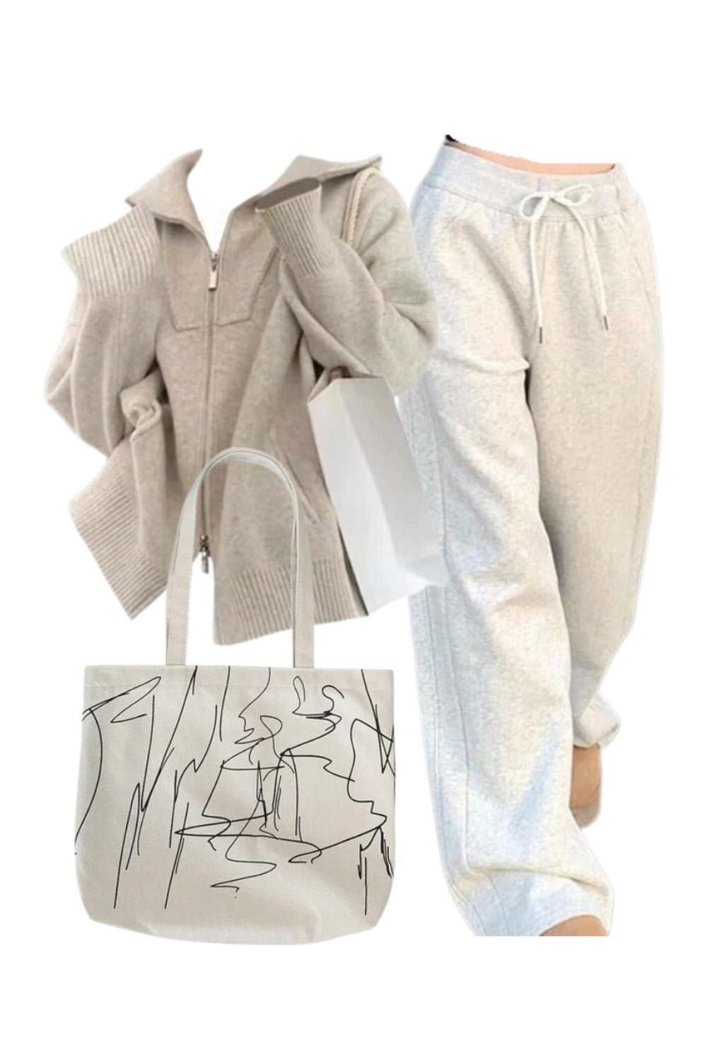 Kıyafet: Cozy Neutral Zip-Up Kazak + Vintage Gri Jogging Pantolonlar + Sanatsal Minimalizm Alışveriş çantası