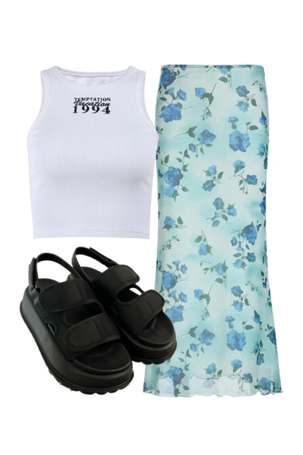 Kıyafet: 1994 Vintage Ribanalı Tank Top+Mavi çiçekli Mesh Maxi Etek+Chunky Velcro Strap Sandalet