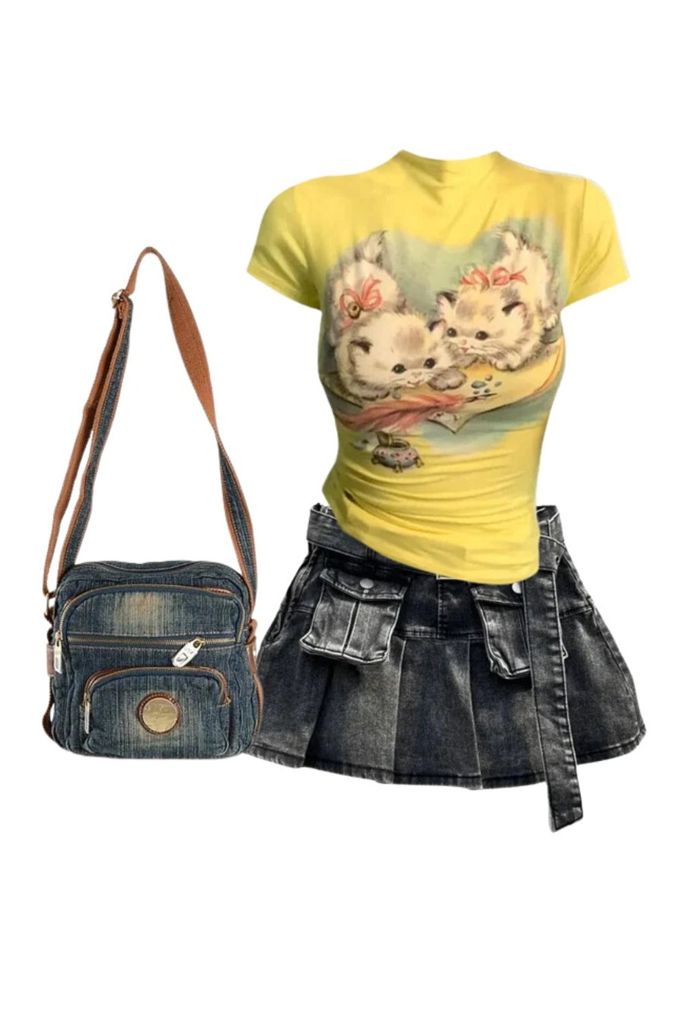 Kıyafet: Grunge Utility Cep Denim Etek+Vintage Kedi Grafik üst+Denim Crossbody çanta