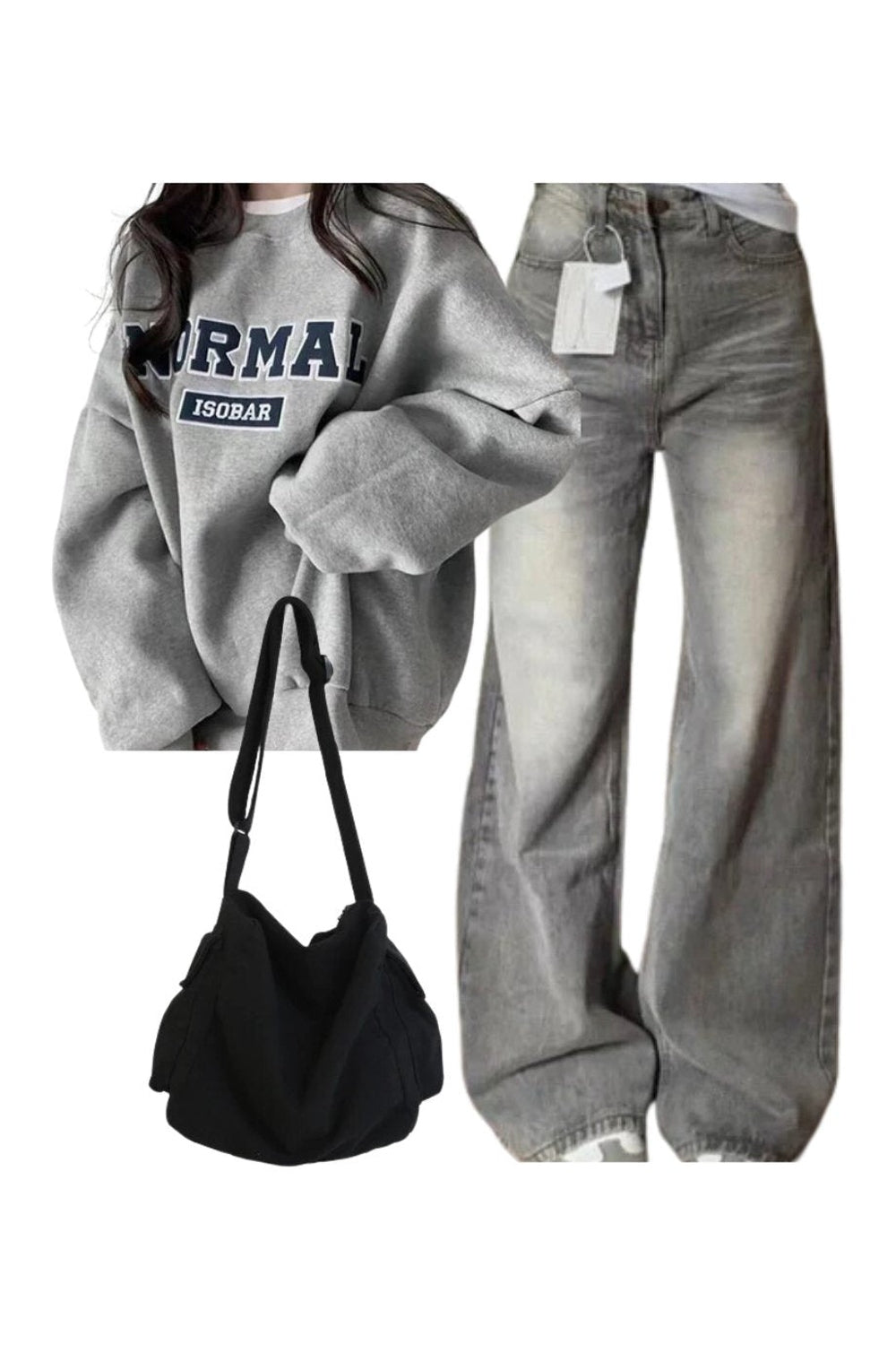 Y2k Kombini: Kore Baggy Kot Pantolon + Oversized Normal Grafik Sweatshirt + Büyük Kapasiteli Sade Siyah Omuz çantası