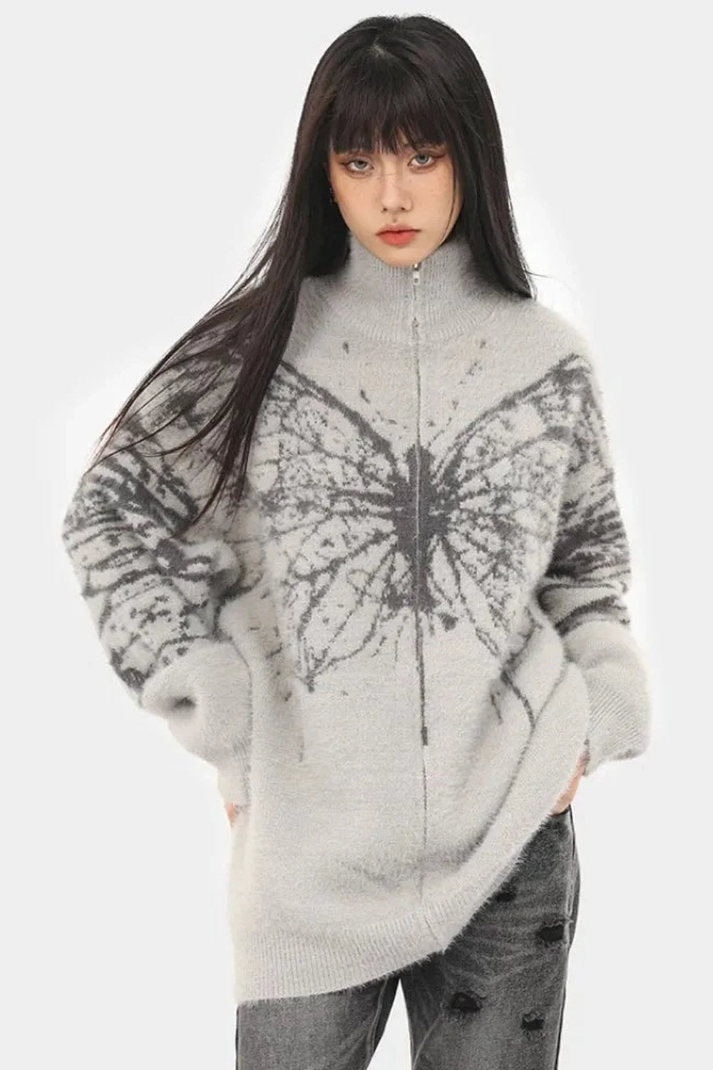 Sonbahar stiline uygun kelebek desenli oversize grunge kazak.