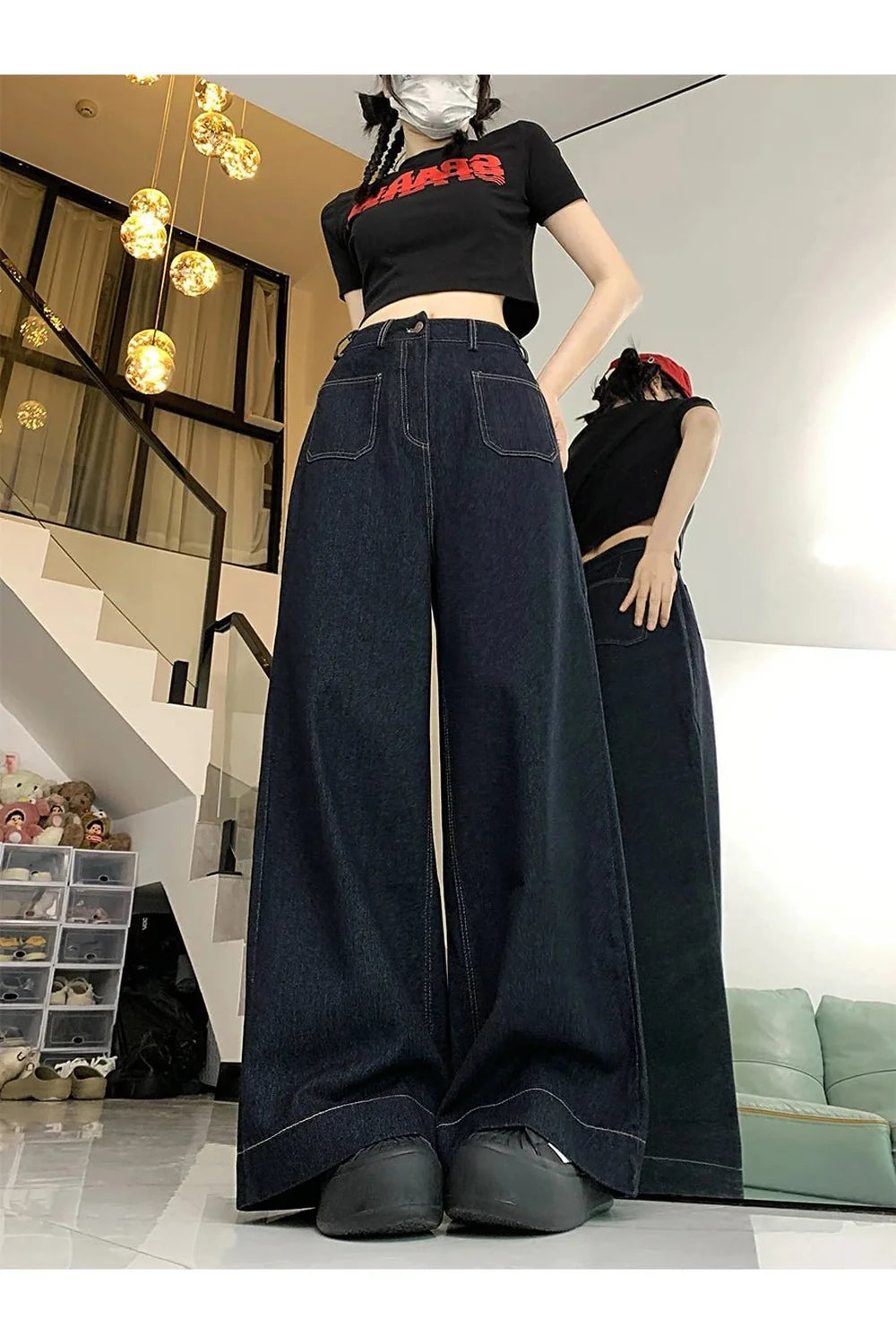 Sonbahar havasında modern ve rahat Oversize Kot Palazzo Pantolon.