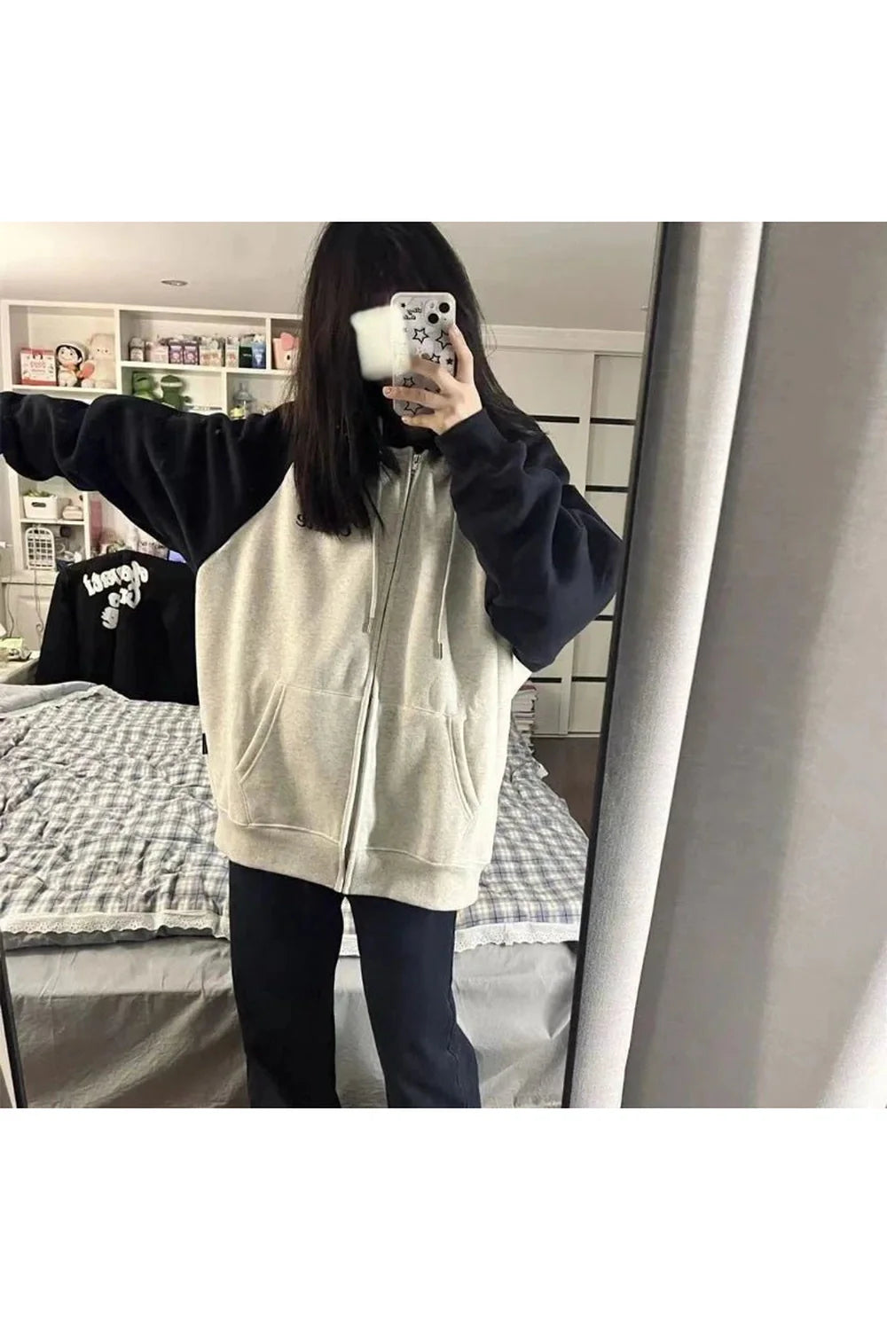 Sonbahar Oversized İki Tonlu Zip-Up Kapüşonlu