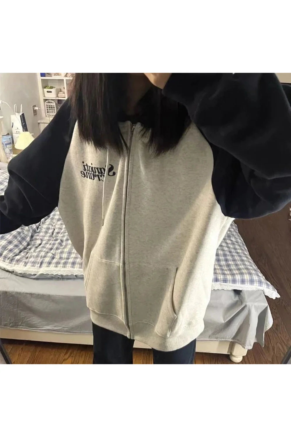 Sonbahar Oversized İki Tonlu Zip-Up Kapüşonlu