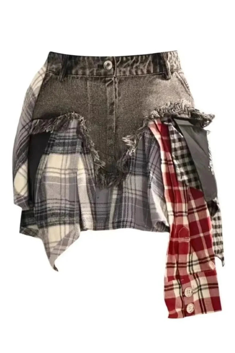 Patchwork desenli ekoseli kot etek, trendy görünüm sağlar.