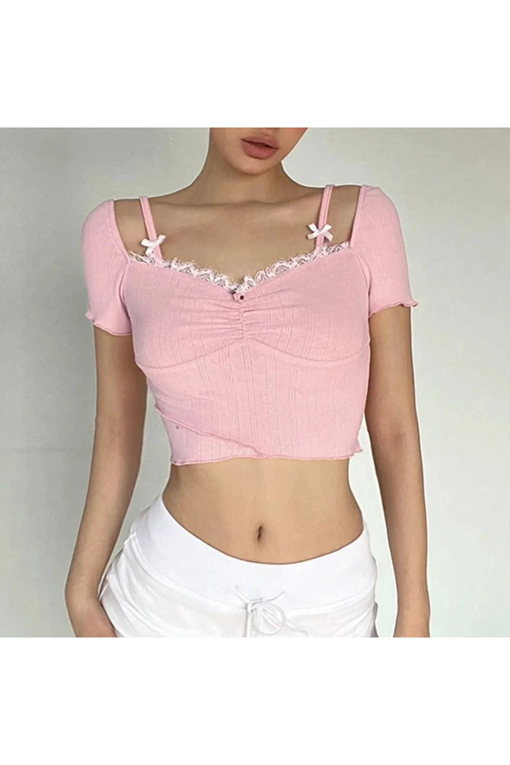 Pembe Dantel Fiyonklu Crop Top