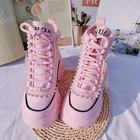 Pembe İnci Kalp Yüksek Platform Sneaker'ları