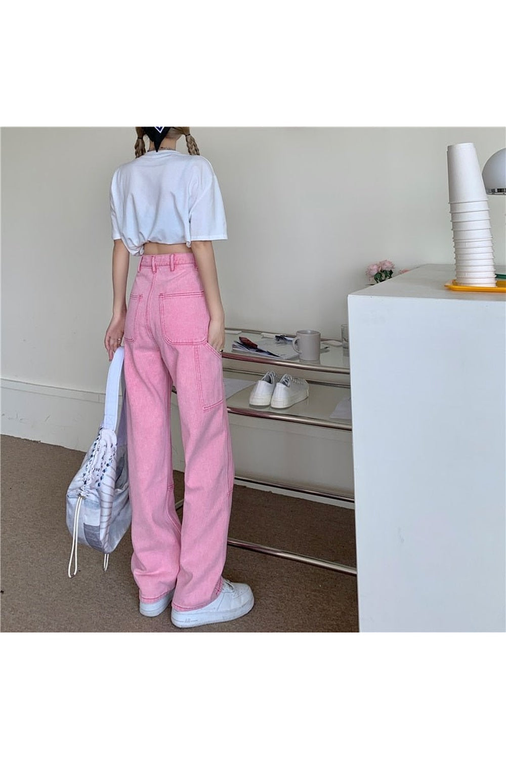 Preppy Moda Pembe Denim Pantolonlar