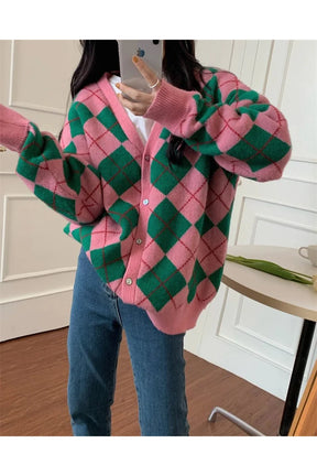 Sonbahar Retro Argyle örgü Cardigan