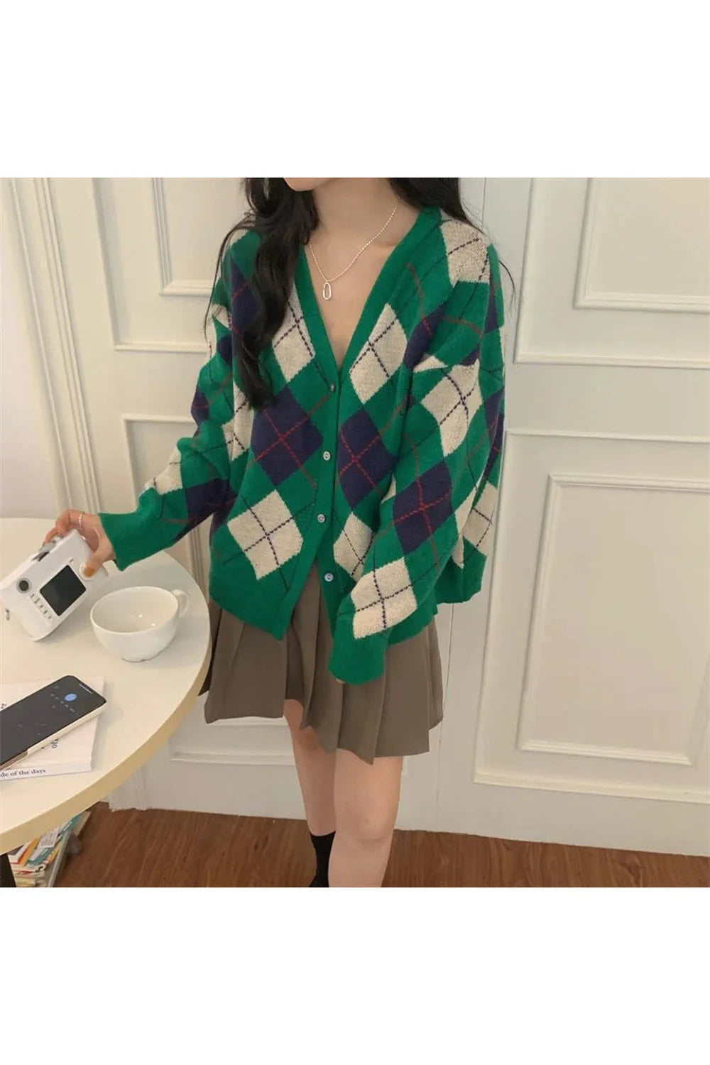 Sonbahar Retro Argyle örgü Cardigan