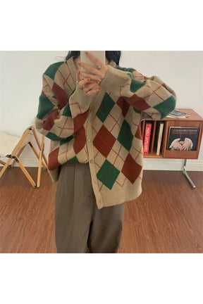 Sonbahar Retro Argyle örgü Cardigan