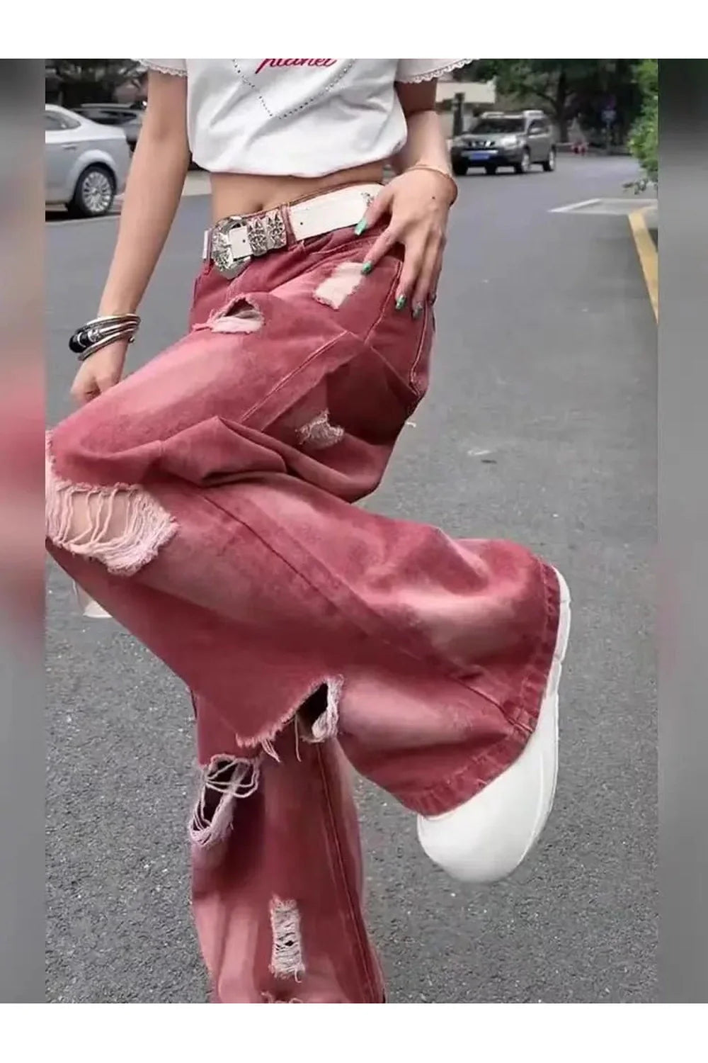 Retro Rose Yıpranmış Baggy Jean