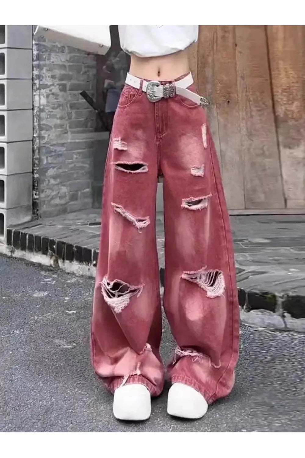 Retro Rose Yıpranmış Baggy Jean