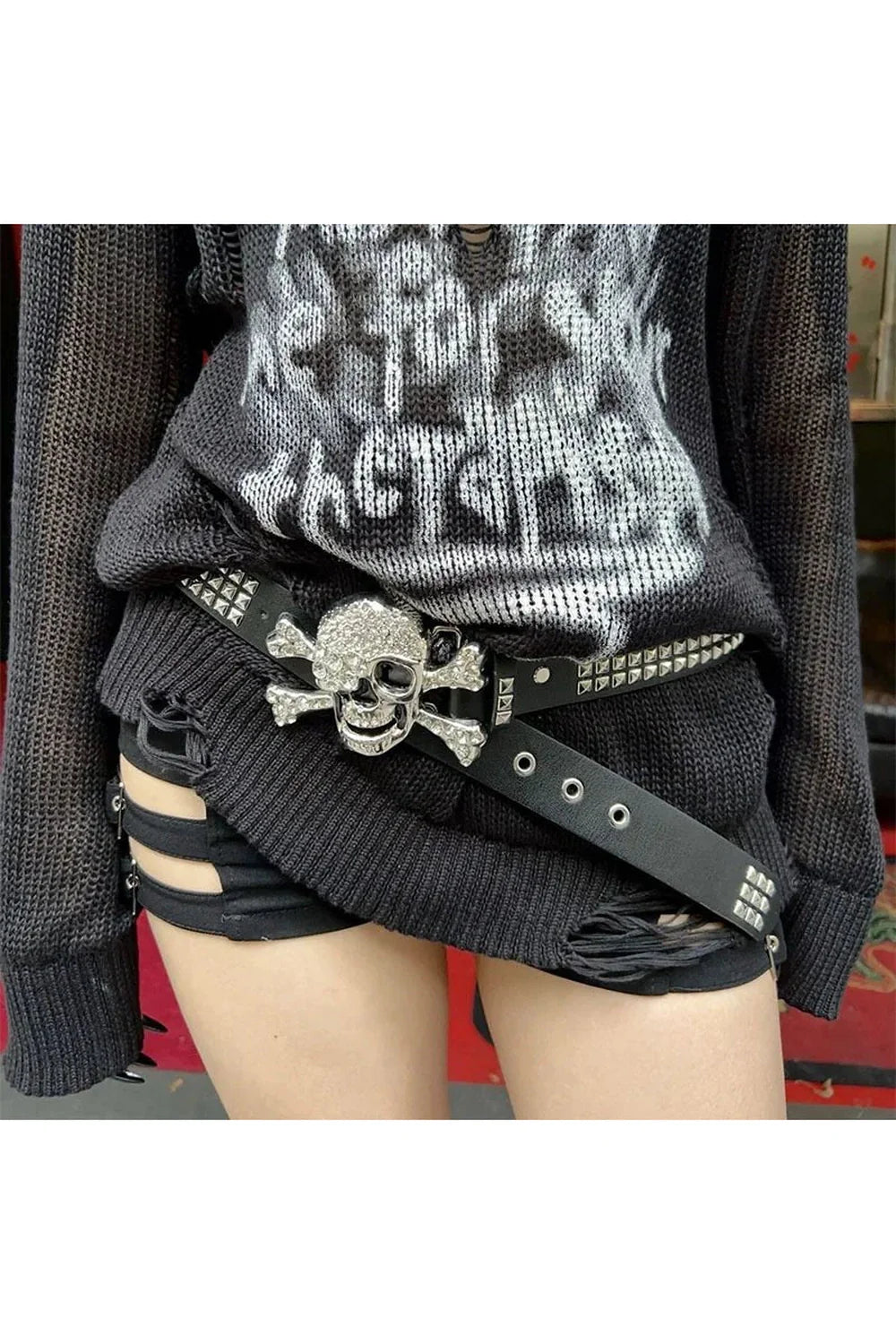 Rhinestone Kafatası Punk Kemer