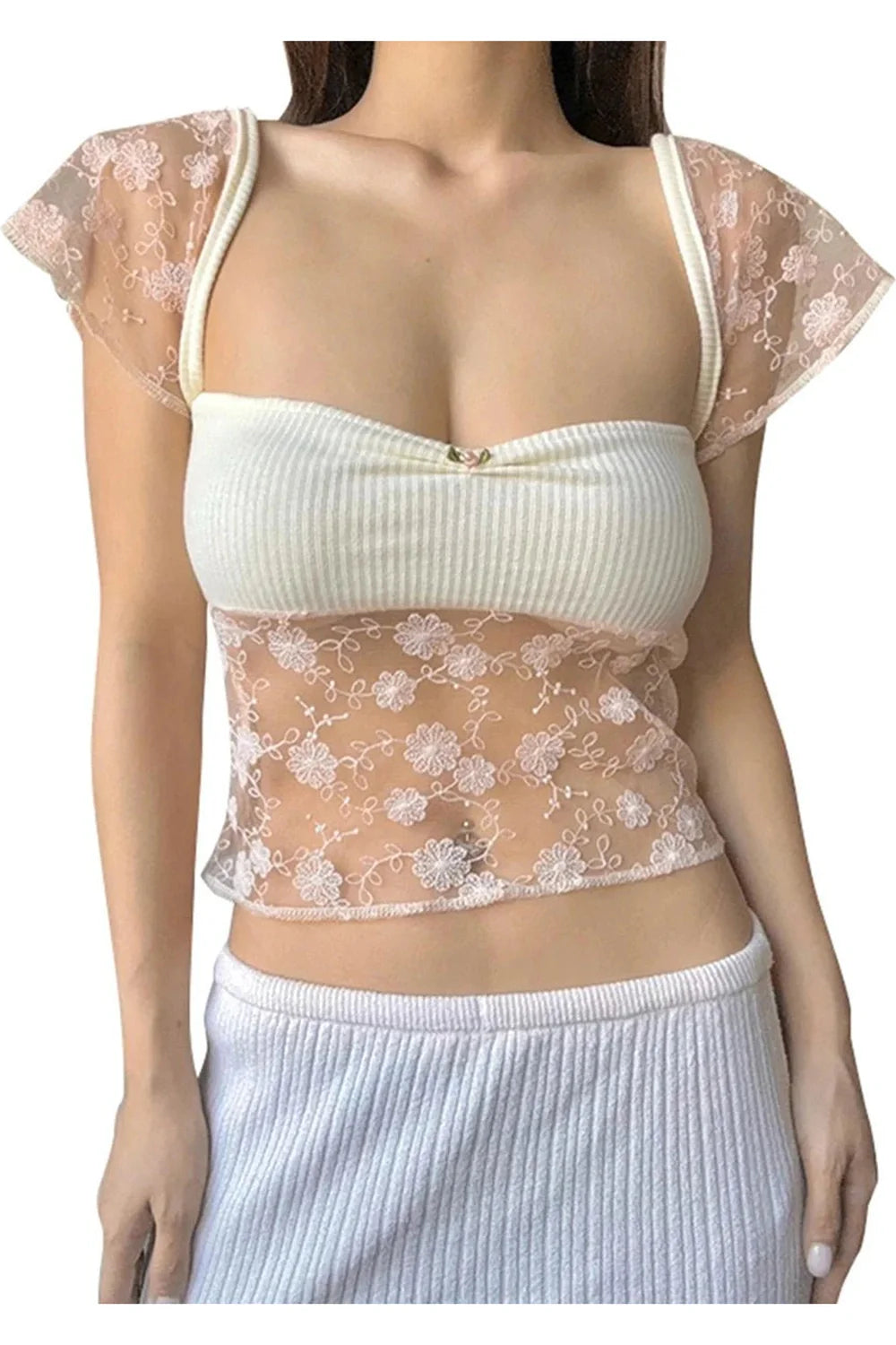 şeffaf çiçek Dantel Crop Top