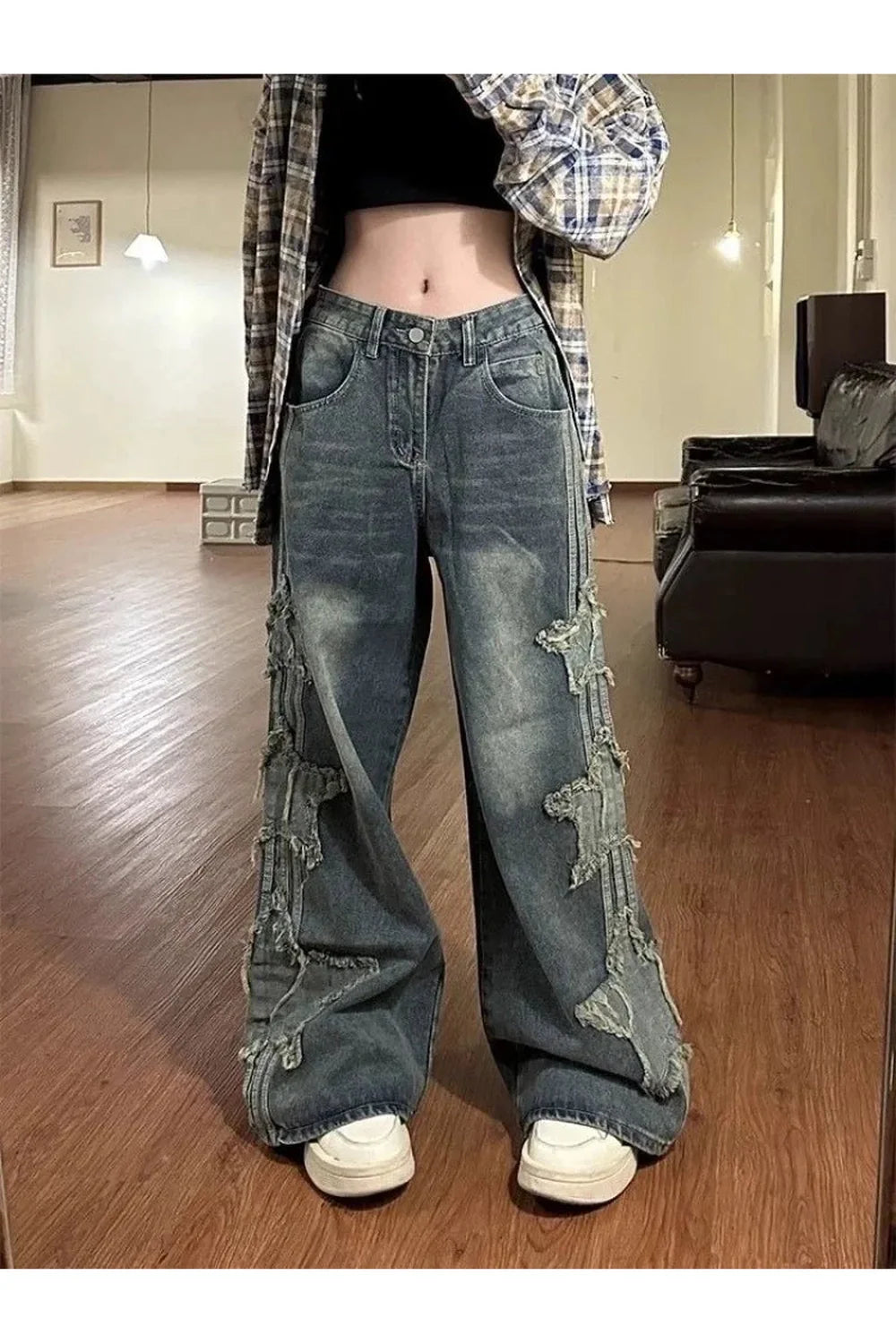 Sonbahar Yırtılmış Grunge Geniş Paça Jean