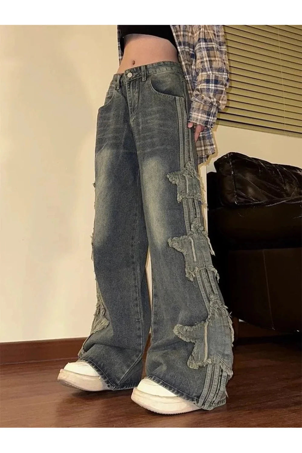 Sonbahar Yırtılmış Grunge Geniş Paça Jean